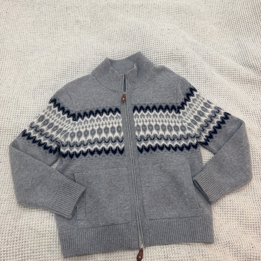 Loro Piana inspired Grey Zip-Up Fair Isle Sweater Jacket 30% cashmere 70% wool